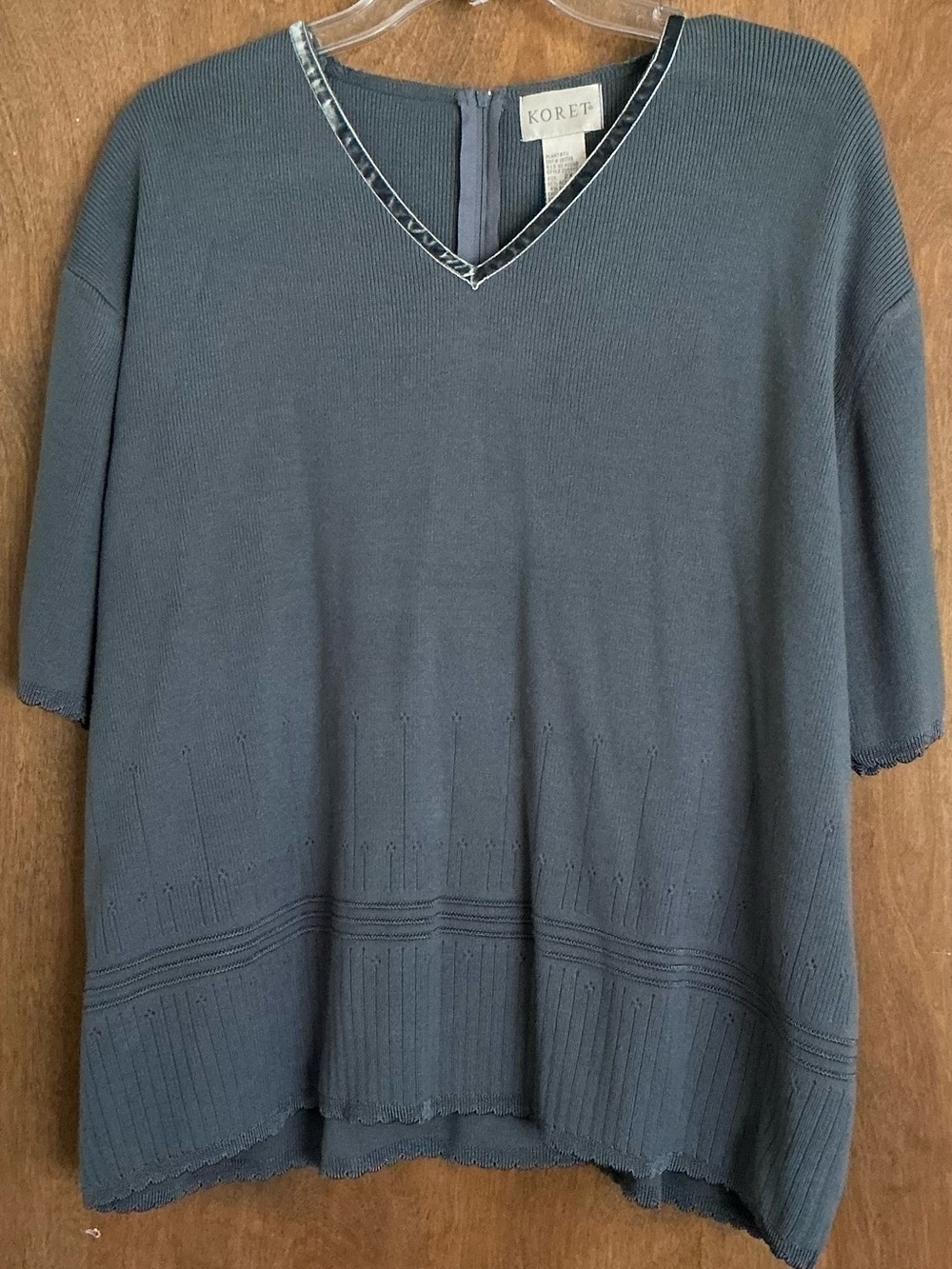 KORET Vintage 90's Short-Sleeve V-Neck Knit Top Slate Blue Zipper Down Back 2X